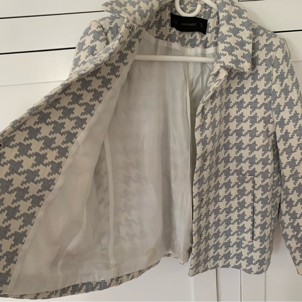 Zara Cream Baby Blue Houndstooth Crop Jacket Size Medium - Picture 7 of 12